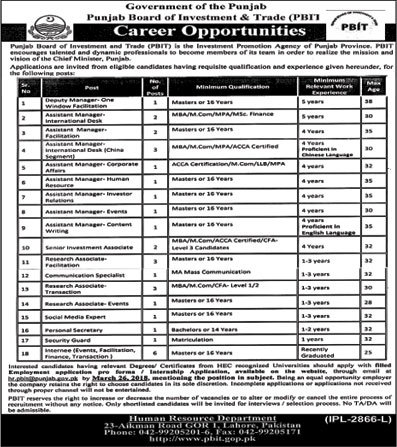 Jobs in Punjab Board of Investment and Trade 06 March 2018