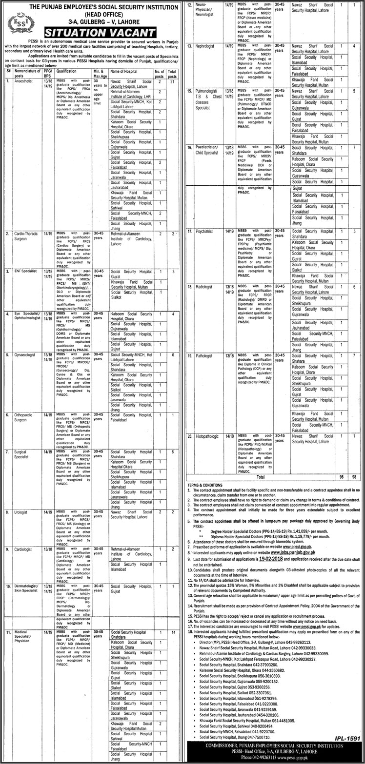 Jobs in Punjab Employees Social Security Institution 06 Feb 2018