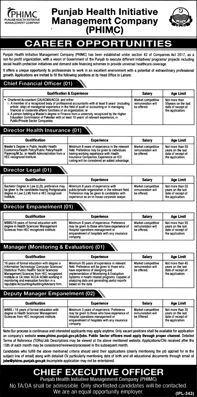 Jobs In Punjab Health Initiative Management Company 11 Jan 2018 