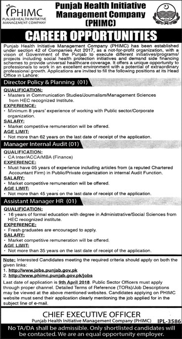 Jobs in Punjab Health Initiative Management Company 22 March 2018