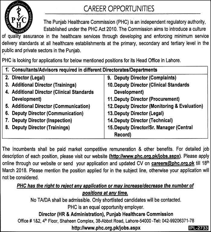 Jobs In Punjab Healthcare Commission 01 Mar 2018