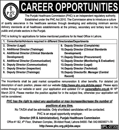 Jobs in Punjab Healthcare Commission in Lahore 01 March 2018