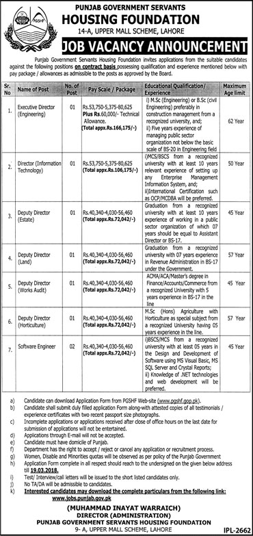 Jobs in Punjab Housing Foundation in Lahore 02 March 2018