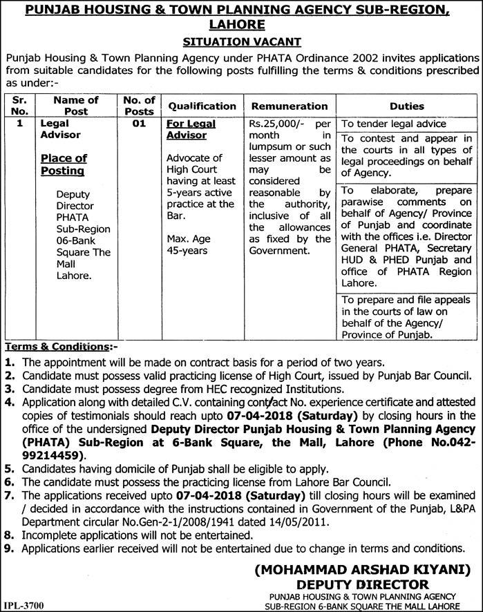 Jobs In Punjab Housung And Town Planning Agency 24 Mar 2018