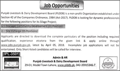 Jobs in Punjab Live Stock and Development Board 20 March 2018