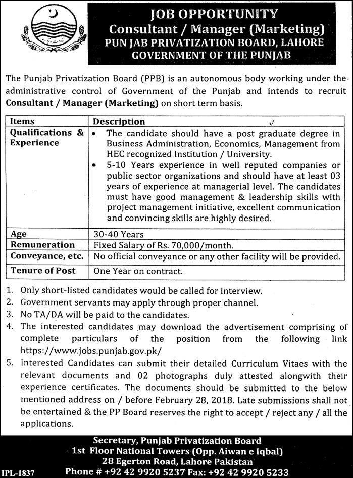 Jobs in Punjab Privatization Board in Lahore 11 Feb 2018