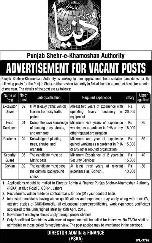 Jobs in Punjab Shehr e Khamoshan Authority 27 March 2018