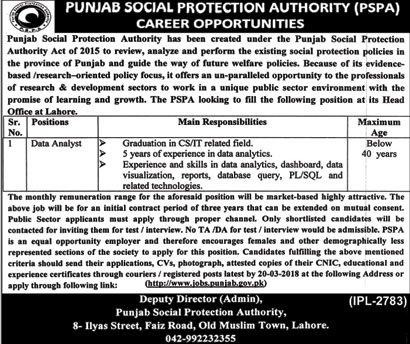 Jobs in Punjab Social Protection Authority in Lahore 02 March 2018