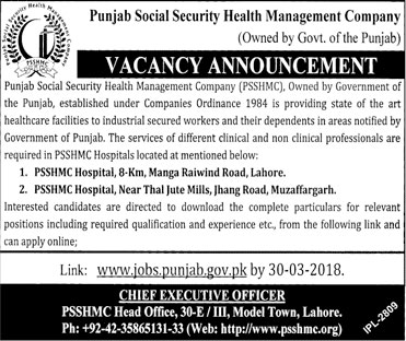 Jobs in Punjab Social Security Health Management Company 05 March 2018