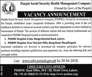 Jobs in Punjab Social Security Health Management Company 11 March 2018