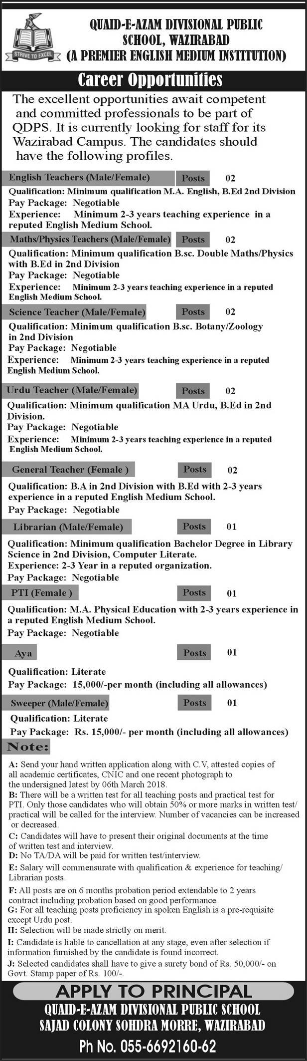 Jobs In Quaid E Azam Divisional Public School 19 Feb 2018