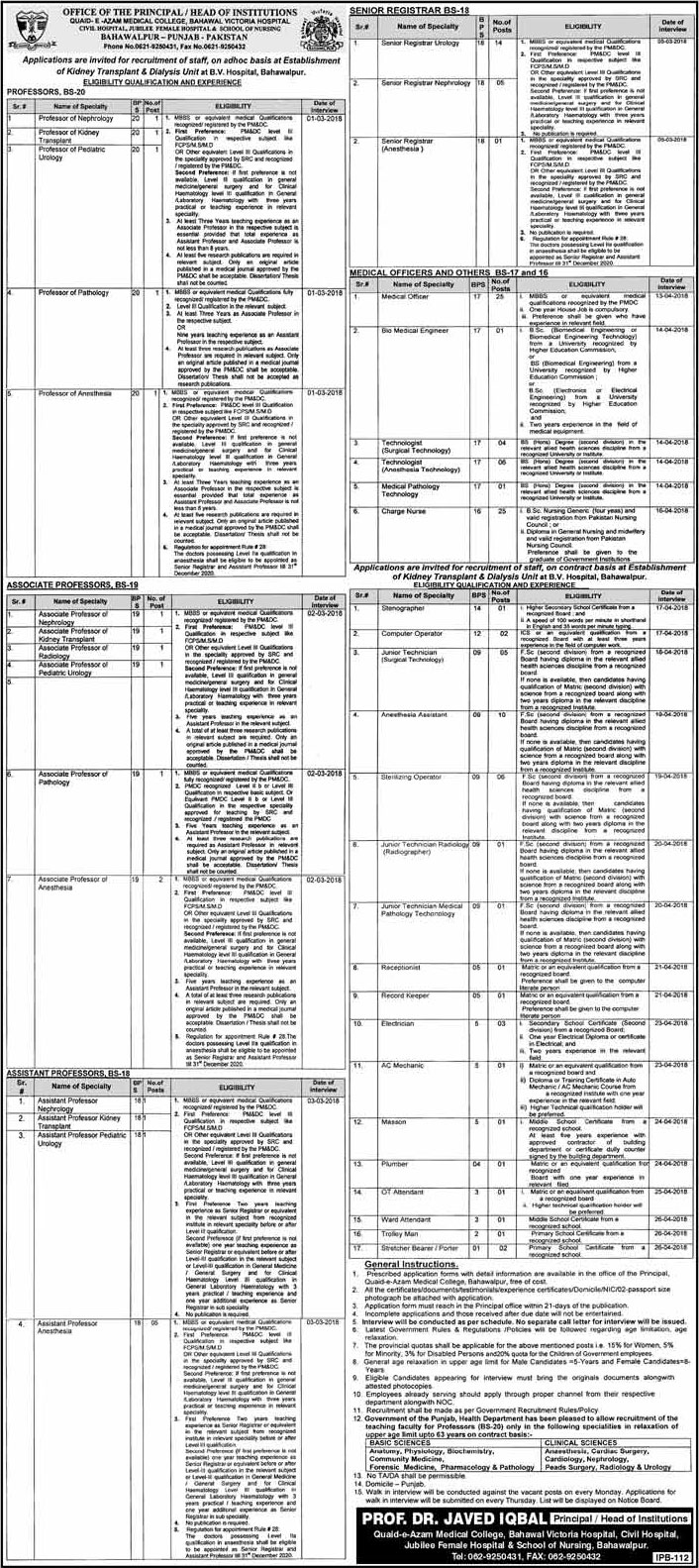 Jobs In Quaid e Azam Medical College Bahawalpur 03 Feb 2018