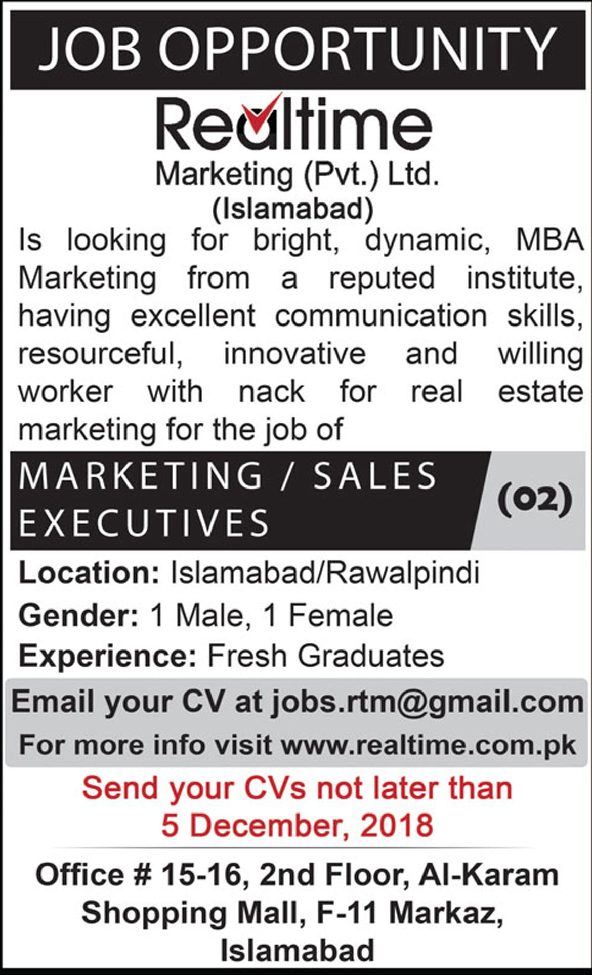 Jobs In Realtime Marketing Pvt Ltd Islamabad 26 Nov 2018