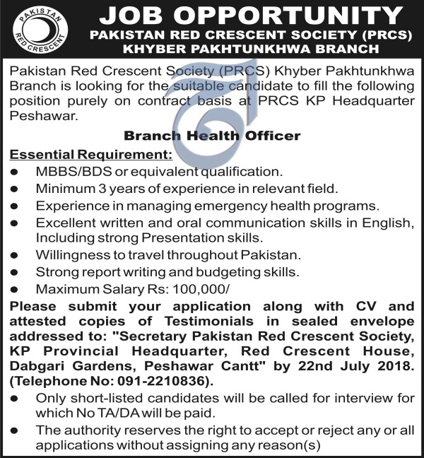 Jobs in Red Crescent Society KPK 12 July 2018