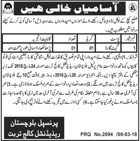Jobs in Residential College Turbat 07 March 2018