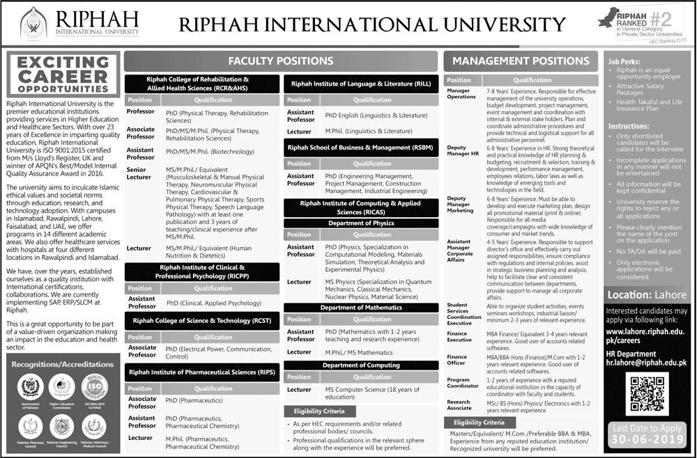 Jobs In Riphah International University Lahore 2019