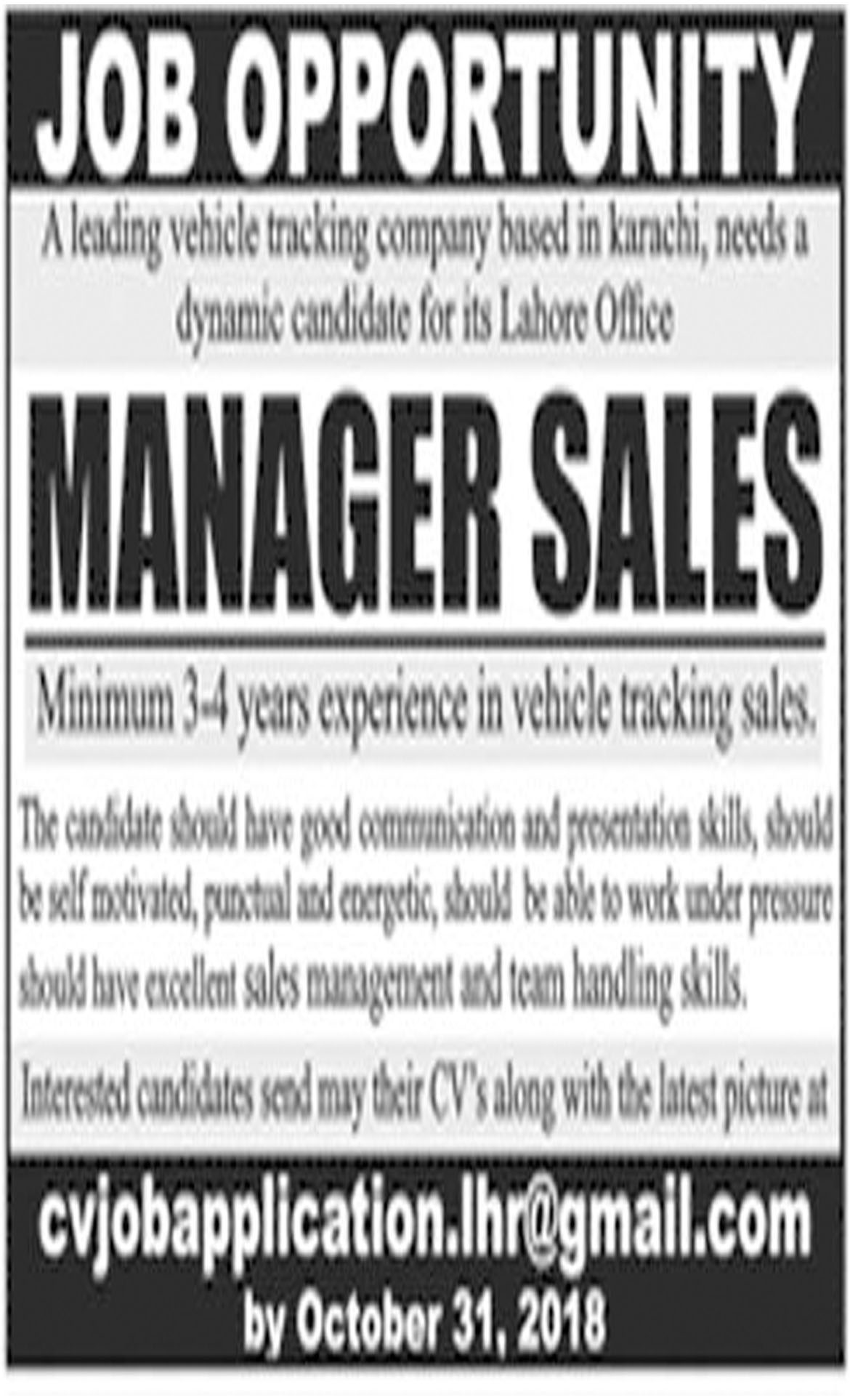 Jobs In Sales Manager Required In Lahore 09 Oct 2018