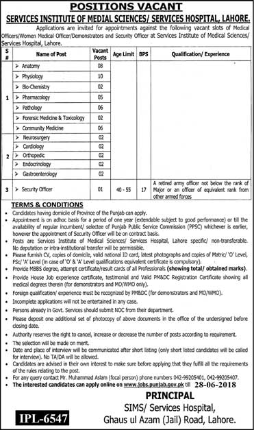 Jobs in Service Institute of Medical Sciences Lahore 22 June 2018