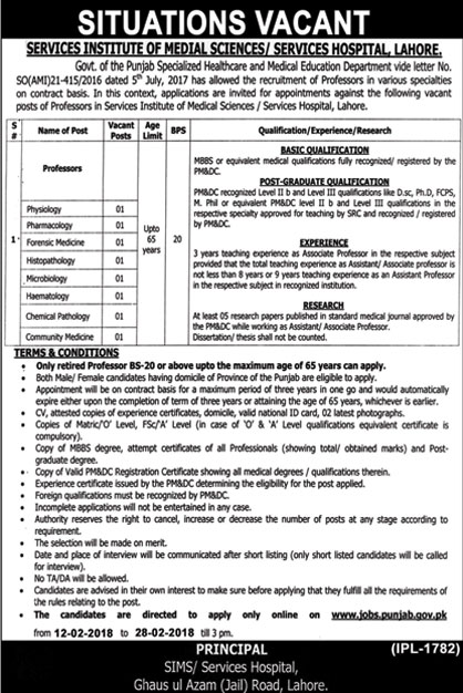 Jobs in Services Hospital Lahore 11 Feb 2018