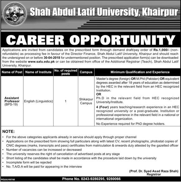 Jobs in Shah Abdul Latif Bhatai University 17 April 2018