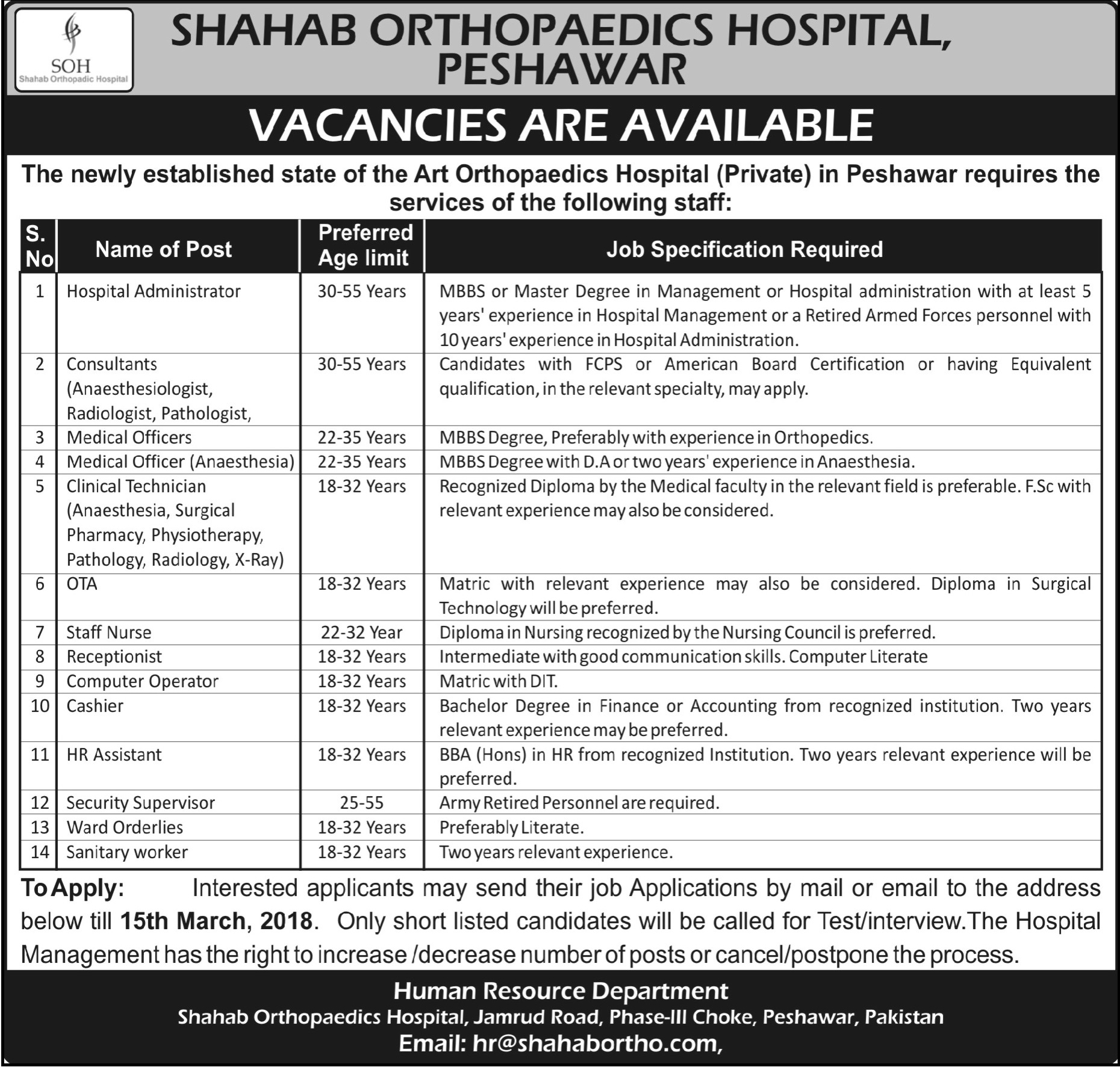 Jobs in Shahab Orthopaedics Hospital in Peshawar 28 Feb 2018