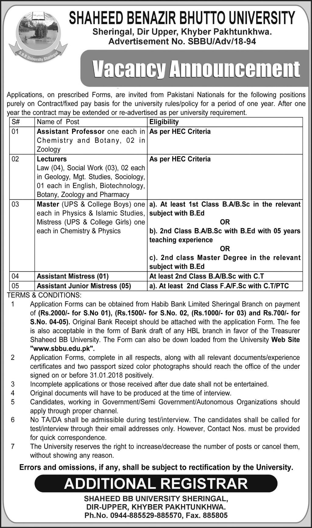 Jobs In Shaheed Benazir Bhutto University 14 Jan 2018