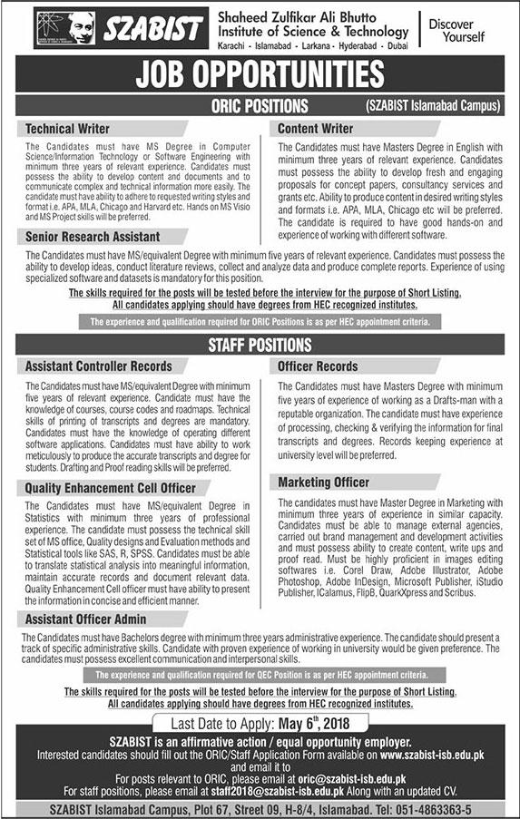 Jobs in Shaheed Zulfikar Ali Bhutto Institute of Science and Technology 22 April 2018