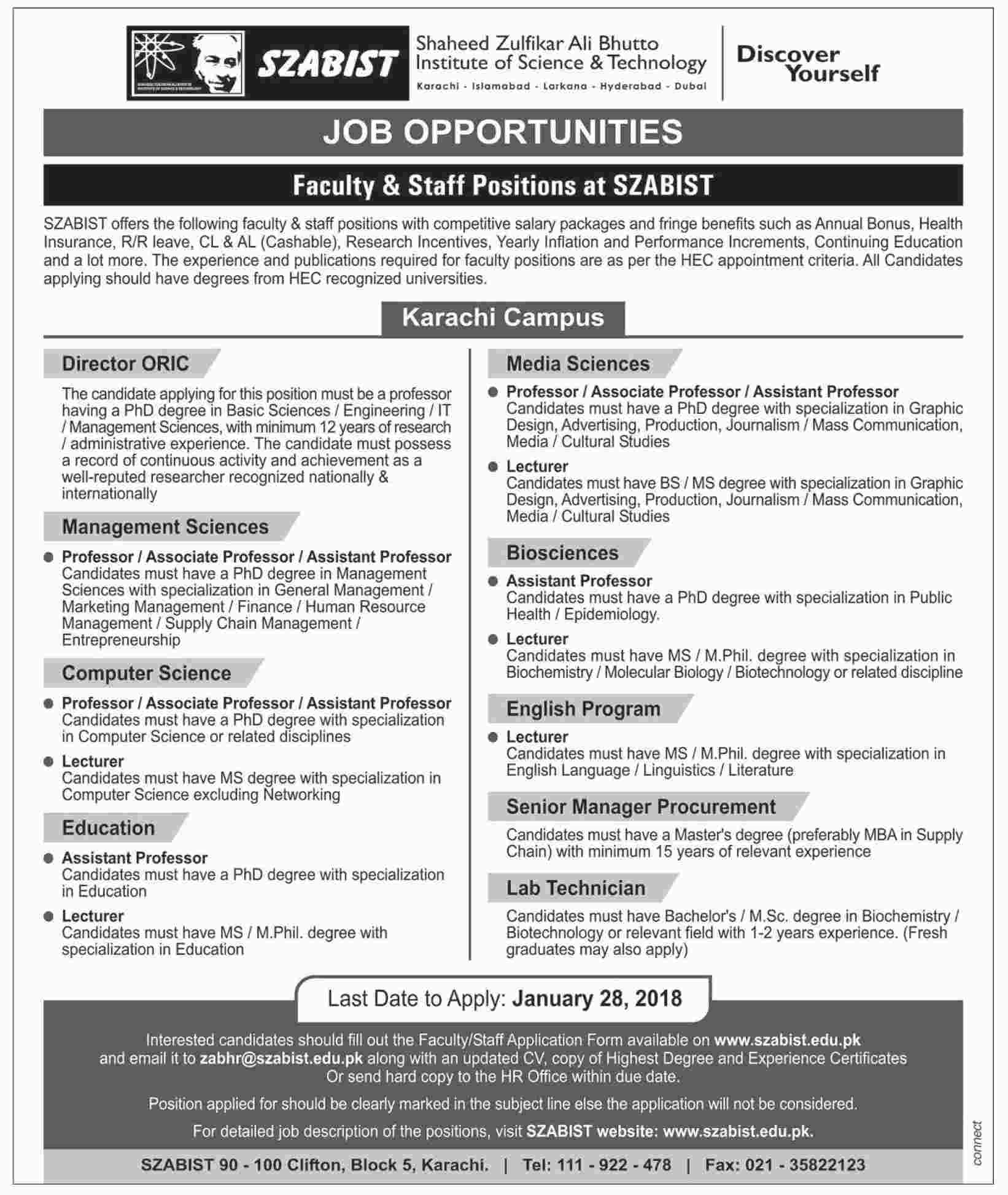 Jobs In Shaheed Zulfikar Ali Bhutto Institute Of Science  & Technology 15 Jan 2018