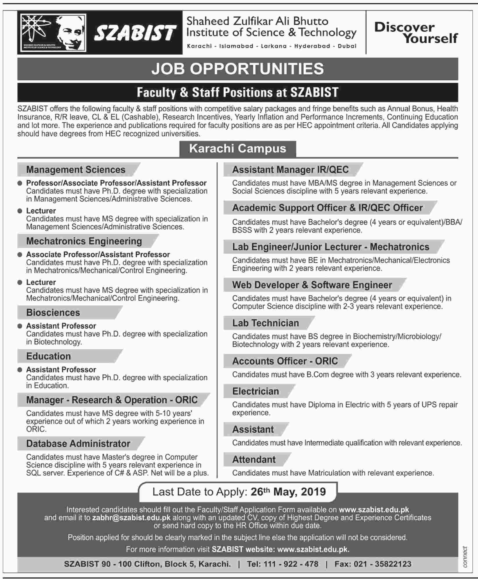 Jobs In Shaheed Zulfikar Ali Bhutto Institute Of Science&Technology 2019