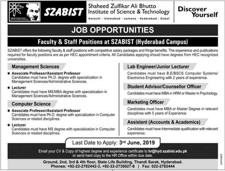 Jobs In Shaheed Zulfikar Ali Bhutto Institute of Science & Technology 2019