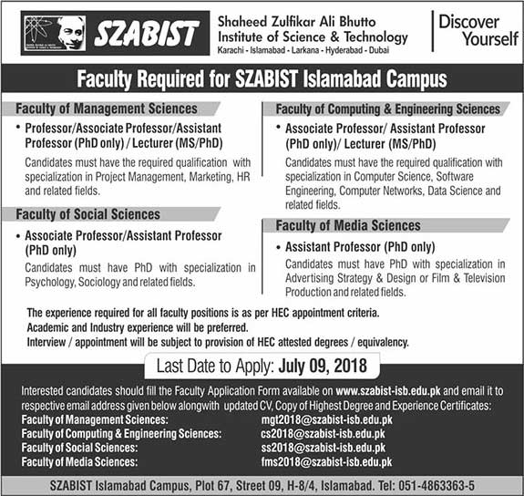 Jobs in Shaheed Zulfiqar Ali Bhutto Medical University 24 June 2018