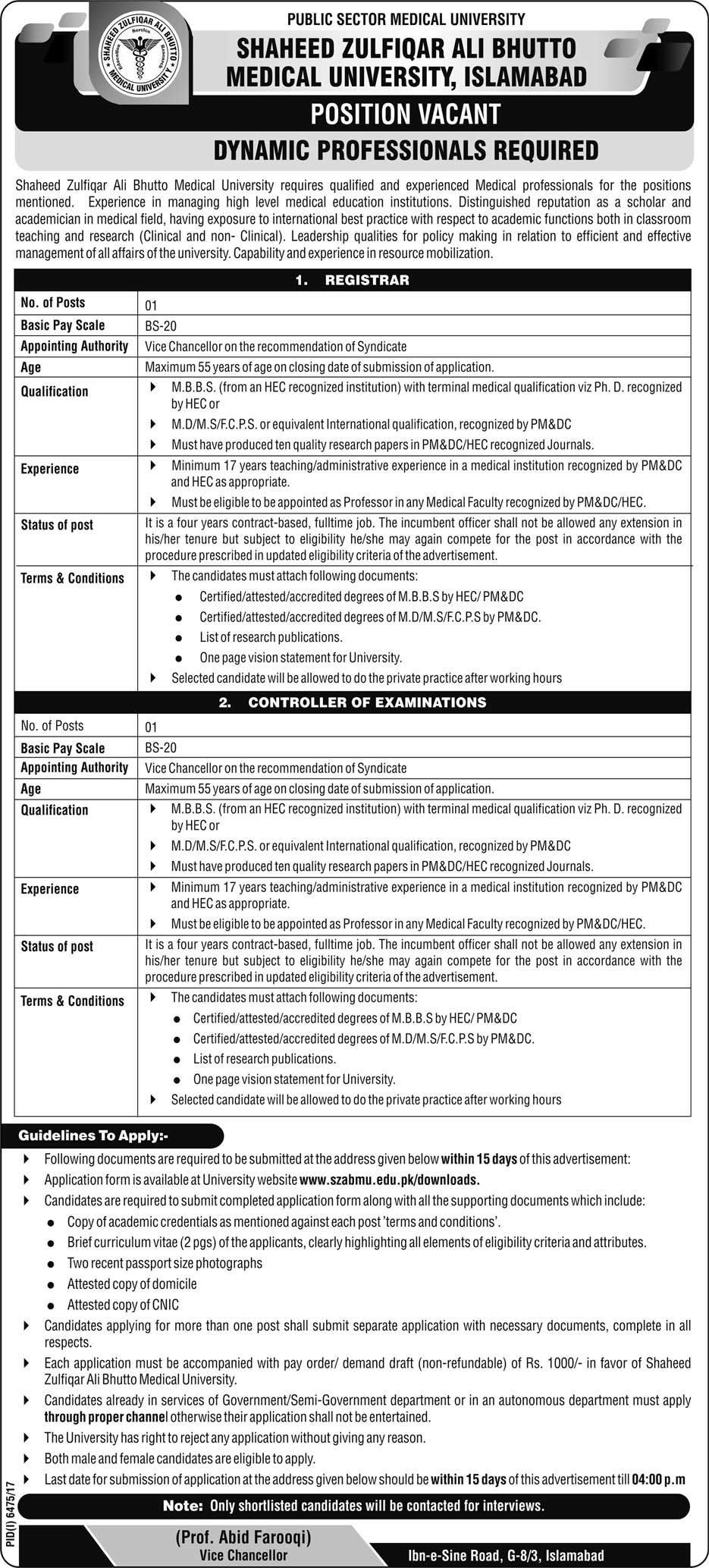 Jobs in Shaheed Zulfiqar Ali Bhutto Medical University Islamabad 24 May 2018