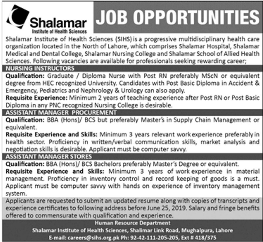 Jobs In Shalamar Institute of Health and Sciences 2019