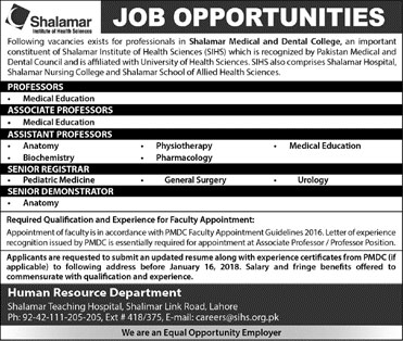 Jobs In Shalimar Hospital 07 Jan 2018