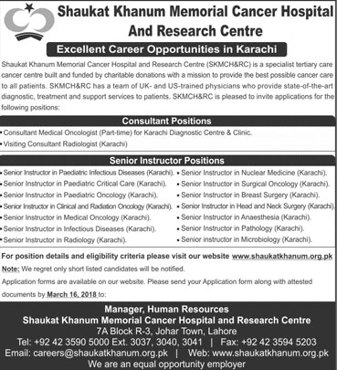 Jobs in Shaukat Khanum Hospital 04 March 2018