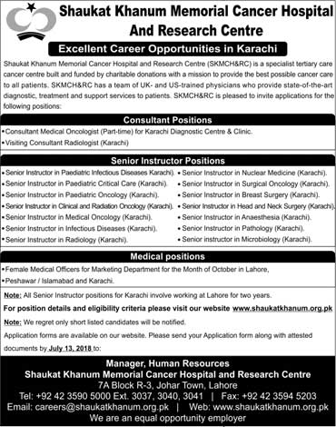 Jobs in Shaukat Khanum Memorial Cancer Hospital 01 July 2018