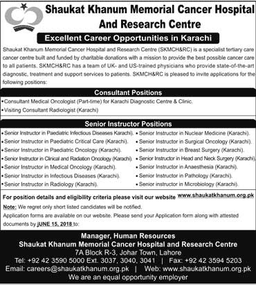 Jobs in Shaukat Khanum Memorial Cancer Hospital 03 June 2018