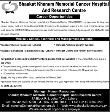 Jobs in Shaukat Khanum Memorial Cancer Hospital 27 May 2018