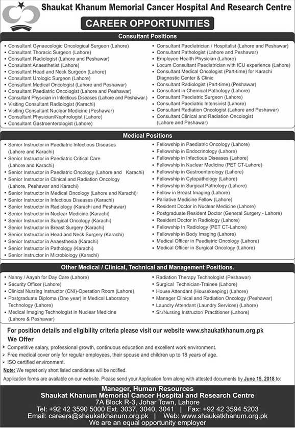 Jobs in Shaukat Khanum Memorial Cancer Hospital and Research Centre 03 June 2018