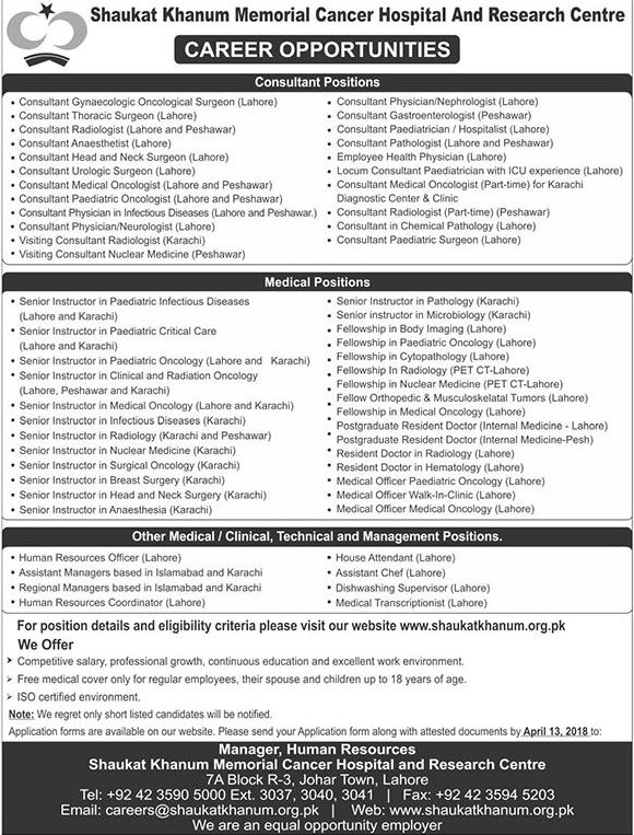 Jobs in Shaukat Khanum Memorial Cancer Hospital Lahore 01 April 2018