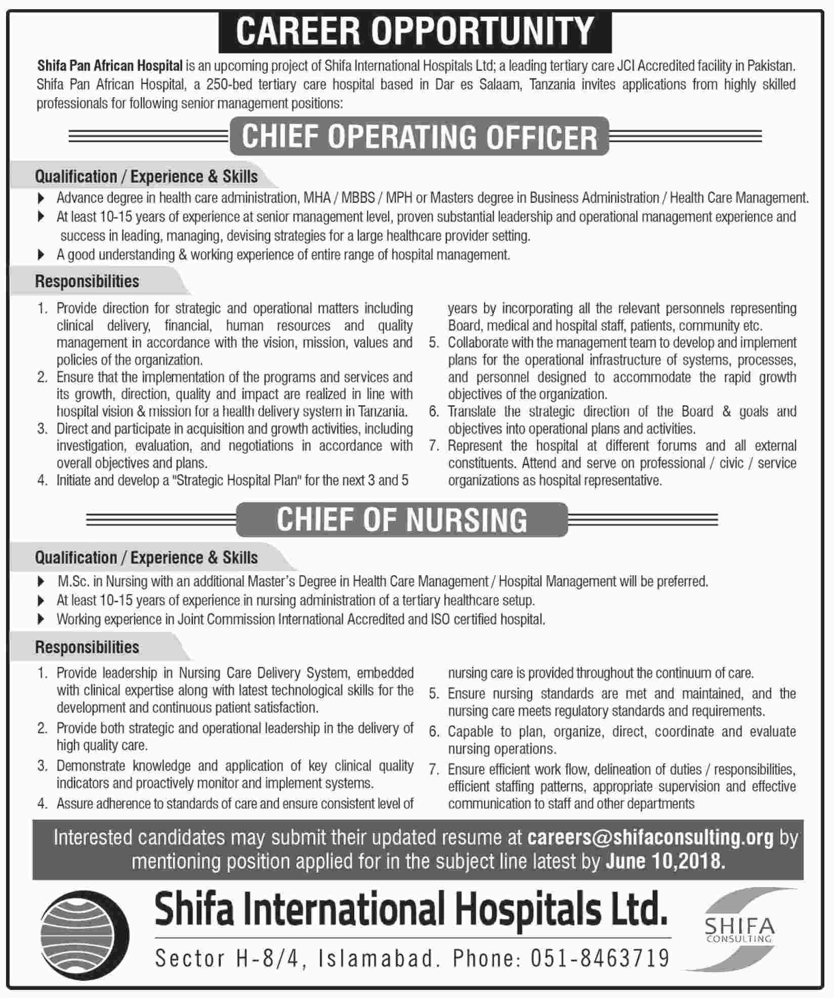 Jobs in Shifa International Hospital Ltd 27 May 2018