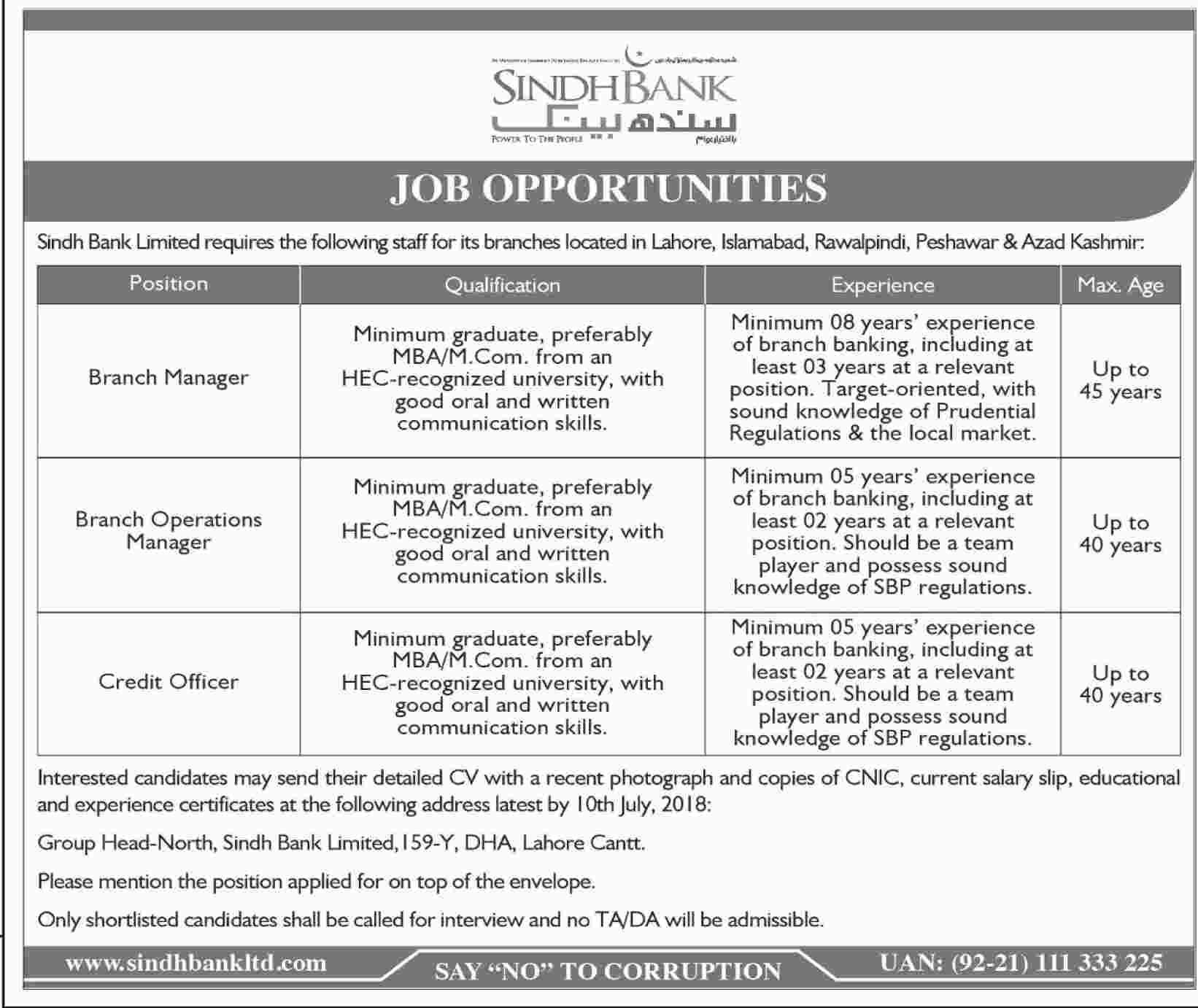 Jobs in Sindh Bank 26 June 2018