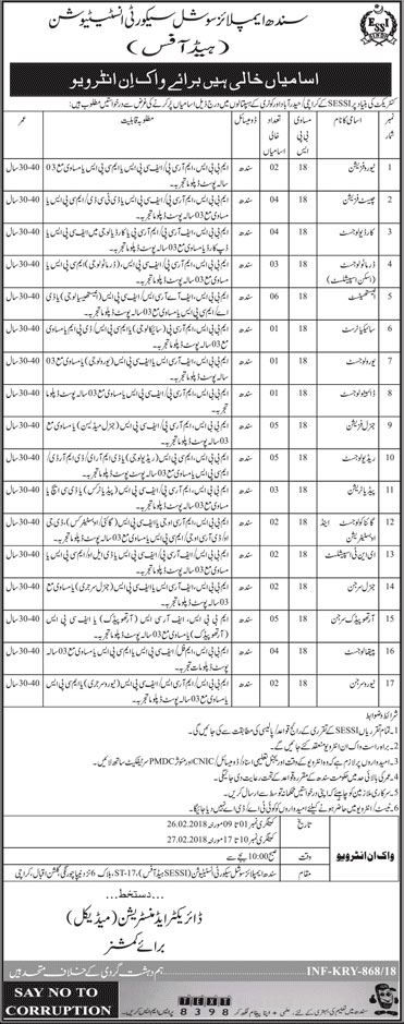 Jobs in Sindh Employees Social Security Institution 14 Feb 2018