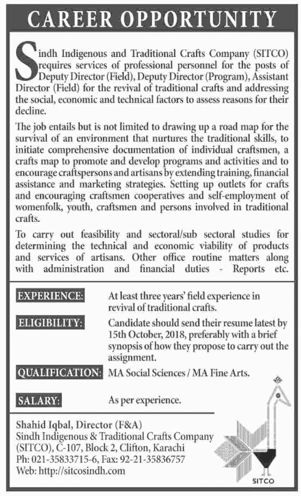 Jobs In Sindh Indigenous And Traditional Crafts Company 04 Oct 2018