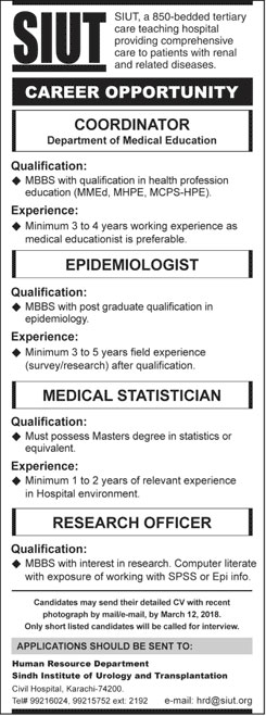 Jobs in Sindh Institute of Urology and Transplantation 04 March 2018