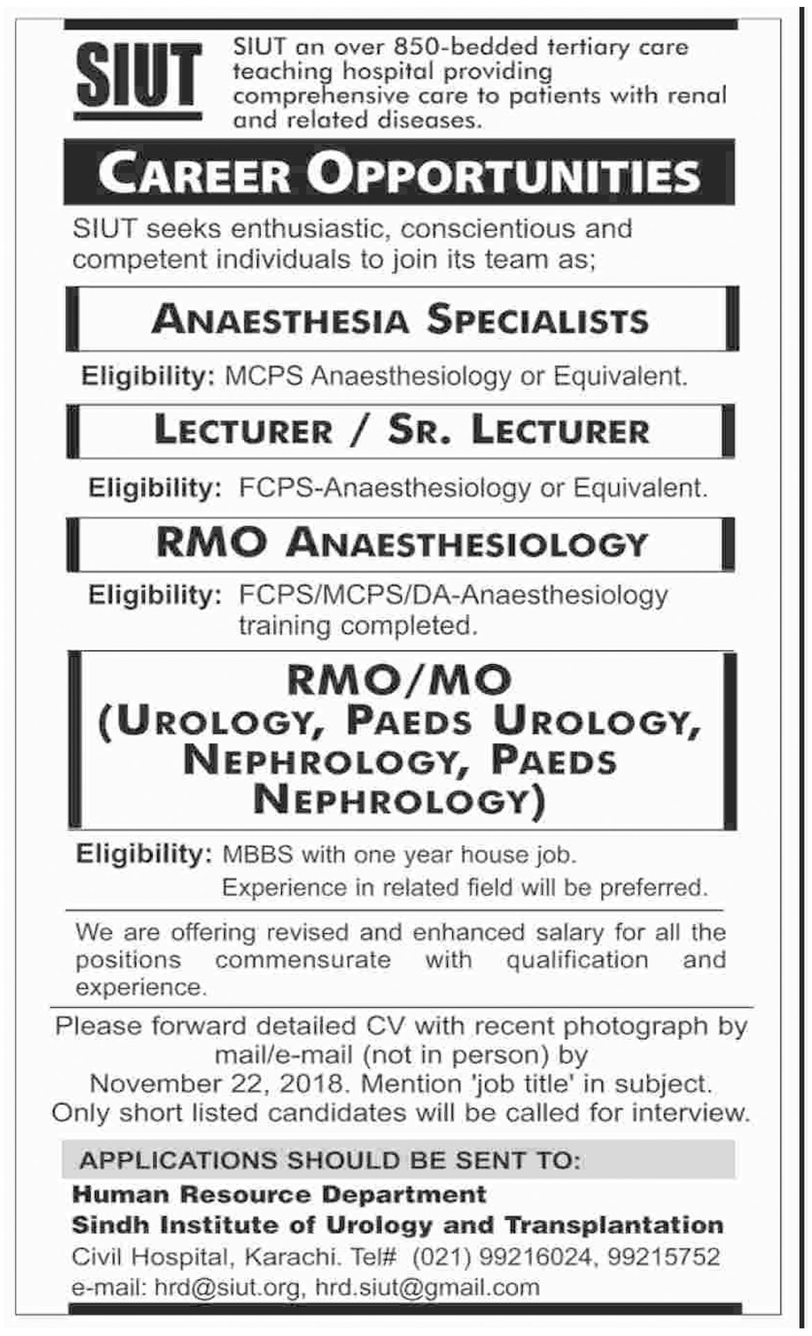Jobs In Sindh Institute Of Urology And Transplantation 12 Nov 2018