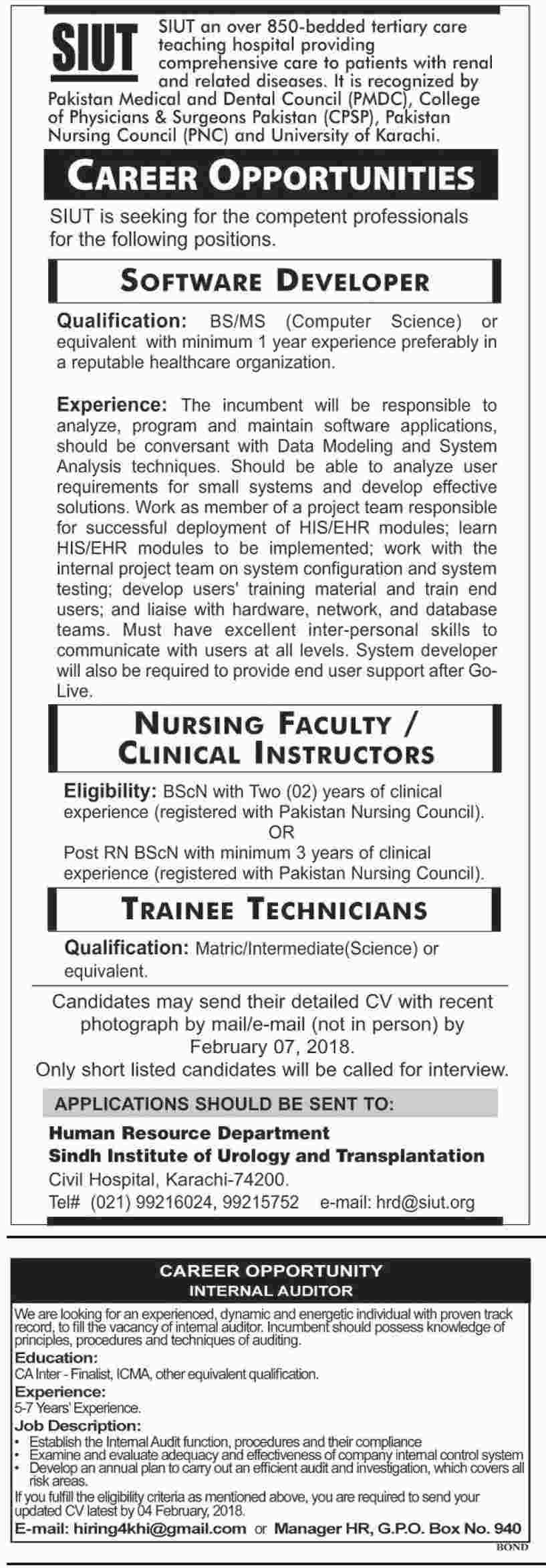 Jobs in Sindh Institute Of Urology And Transplantation 29 Jan 2018