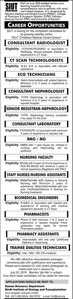 Jobs in Sindh Institute of Urology & Transplantation 24 June 2018