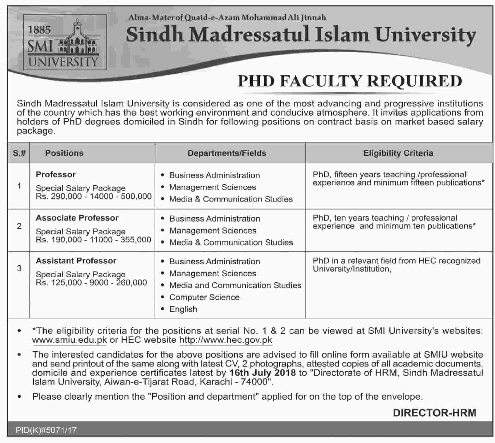 Jobs in Sindh Madressatul Islam University 01 July 2018