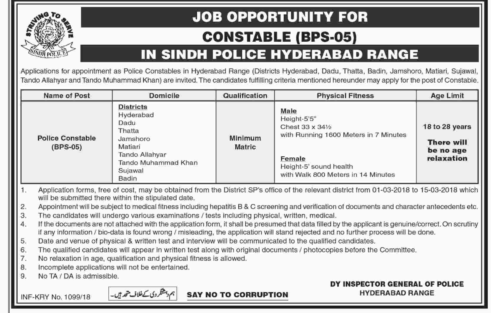Jobs In Sindh Police Hyderabad Range 26 Feb 2018